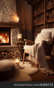 Comfortable armchair with warm lighting, crackling fireplace and blanket nearby. Winter indoor scene interior. Generative AI. High quality illustration. Comfortable armchair with warm lighting, crackling fireplace and blanket nearby. Winter indoor scene. Generative AI