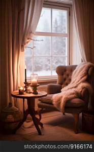 Comfortable armchair with warm lighting, crackling fireplace and blanket nearby. Winter indoor scene interior. Generative AI. High quality illustration. Comfortable armchair with warm lighting, crackling fireplace and blanket nearby. Winter indoor scene. Generative AI