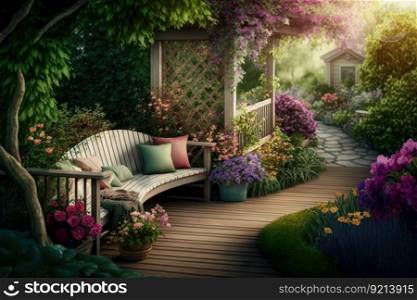 comfortable deck with bench in cozy backyard surrounded by beautiful flowers, created with generative ai. comfortable deck with bench in cozy backyard surrounded by beautiful flowers