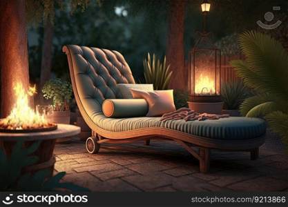 comfortable lounging chaise longue in spacious cozy backyard with burning fire, created with generative ai. comfortable lounging chaise longue in spacious cozy backyard with burning fire