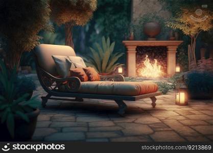 comfortable lounging chaise longue in spacious cozy backyard with burning fire, created with generative ai. comfortable lounging chaise longue in spacious cozy backyard with burning fire