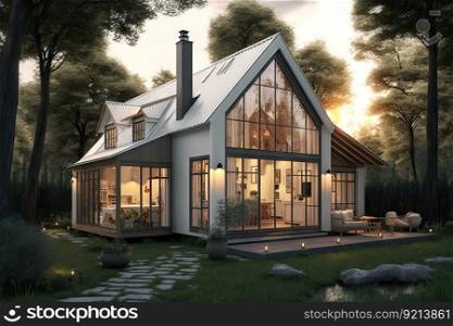 comfortable modern cottage with windows facing beautiful cozy backyard, created with generative ai. comfortable modern cottage with windows facing beautiful cozy backyard