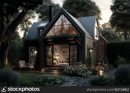 comfortable modern cottage with windows facing beautiful cozy backyard, created with generative ai. comfortable modern cottage with windows facing beautiful cozy backyard