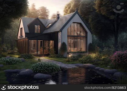comfortable modern cottage with windows facing beautiful cozy backyard, created with generative ai. comfortable modern cottage with windows facing beautiful cozy backyard