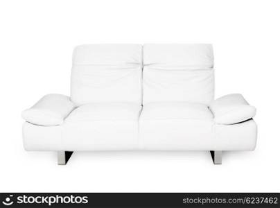 Comfortable modern sofa, white natural leather, elegant design, isolated on white background