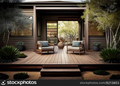 comfortable modern wooden deck with chairs and cozy backyard, created with generative ai. comfortable modern wooden deck with chairs and cozy backyard