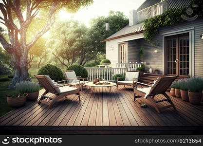 comfortable modern wooden deck with chairs and cozy backyard, created with generative ai. comfortable modern wooden deck with chairs and cozy backyard