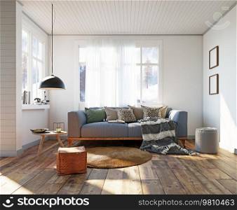 Comfortable sofa in scandinavian modern living room. 3d, rendering. Comfortable sofa in scandinavian modern living room