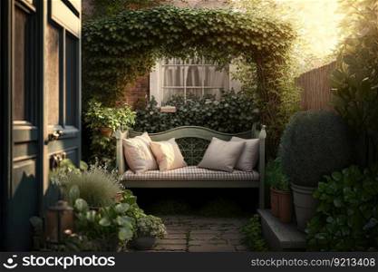 comfortable summer bench with cushions in courtyard of three-storey house snugly hidden in bushes cozy backyard, created with generative ai. comfortable summer bench with cushions in courtyard of three-storey house snugly hidden in bushes cozy backyard