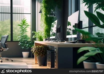 Comfortable workplace with computer  in stylish room interior.  Generative AI
