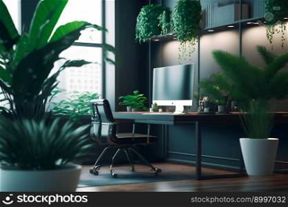 Comfortable workplace with computer  in stylish room interior.  Generative AI 