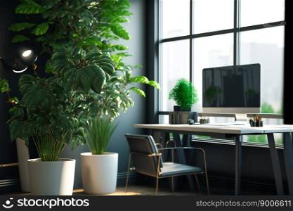 Comfortable workplace with computer  in stylish room interior.  Generative AI
