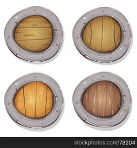 Comic Rounded Viking Shields. Illustration of a set of cartoon design viking warrior shields, with stone frames and various wooden textures