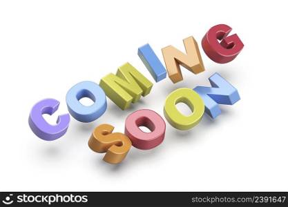 Coming soon promo text with colorful letters on white background