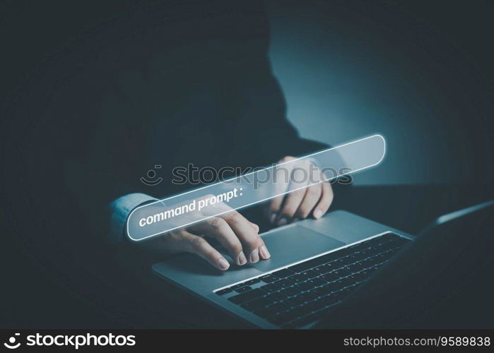 command prompt virtual screen digital technology. businessperson using computer AI Artificial Intelligence internet.