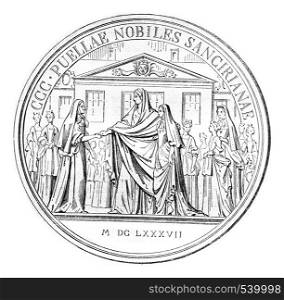 Commemorative Medal of the foundation of the house of Saint-Cyr, vintage engraved illustration. Magasin Pittoresque 1857.