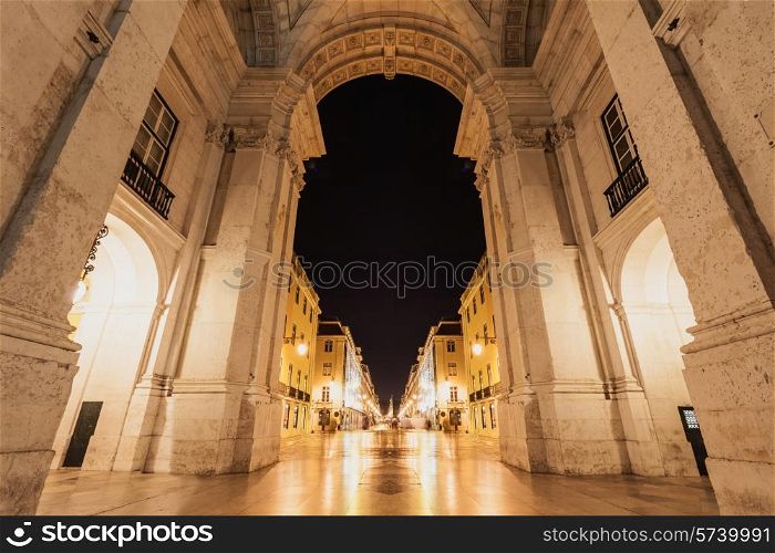 Commerce Square Gate in the night time, Lisbon, Portugal