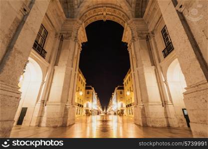 Commerce Square Gate in the night time, Lisbon, Portugal