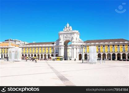 Commerce square, one of the most important landmarks of Lisbon, with the famous Triumphal Arch in Portugal