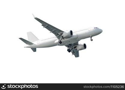 Commercial airplane flying high in white background. Commercial airplane flying