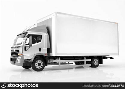 Commercial cargo delivery truck with blank white trailer. Isolated, generic, brandless vehicle design. 3D rendering. Commercial cargo delivery truck with blank white trailer. Generic, brandless design.