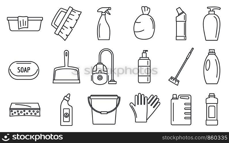 Commercial cleaner equipment icons set. Outline set of commercial cleaner equipment vector icons for web design isolated on white background. Commercial cleaner equipment icons set, outline style