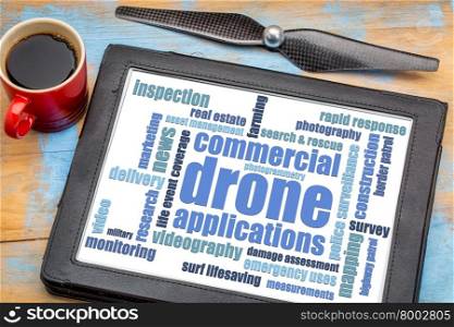 commercial drone applications word cloud on a digital tablet with a cup of coffee and drone propeller