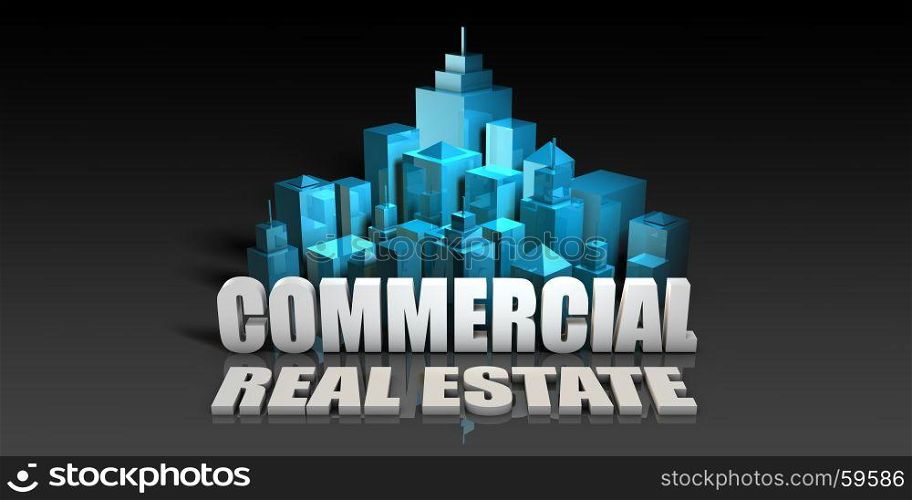 Commercial Real Estate Concept in Blue on Black Background. Commercial Real Estate