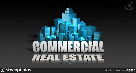 Commercial Real Estate Concept in Blue on Black Background. Commercial Real Estate