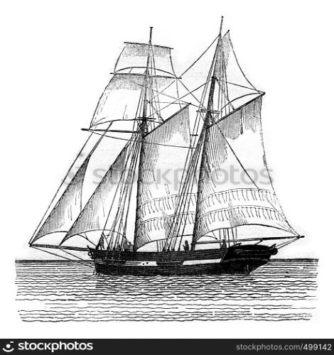 Commercial sailboat sailing, view from the port hip, vintage engraved illustration. Magasin Pittoresque 1841.