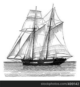 Commercial sailboat sailing, view from the port hip, vintage engraved illustration. Magasin Pittoresque 1841.