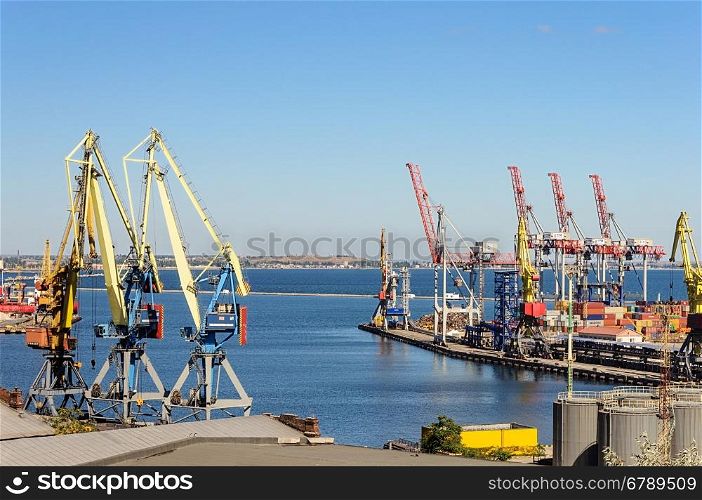 Commercial sea port with cranes in Odessa, Ukraine
