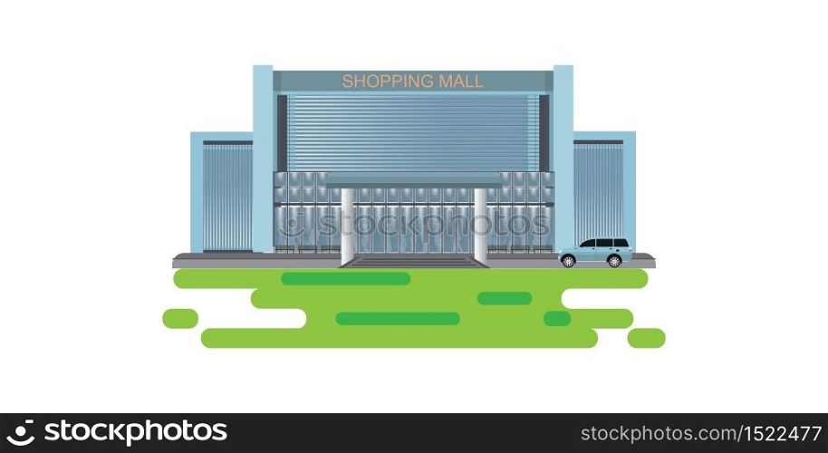 Commercial shopping mall building center isolated on white background. Front view of modern shopping mall building exterior vector illustration.