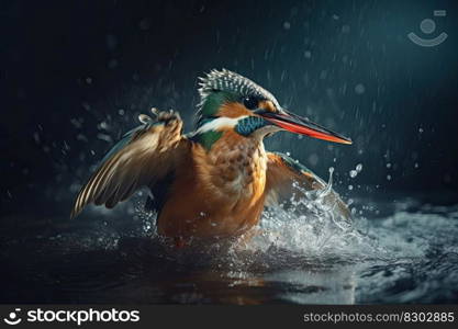 Common Kingfisher flying away after diving for fish. Generative AI