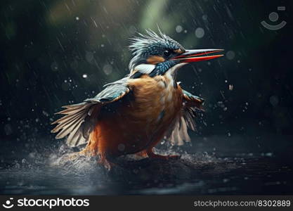 Common Kingfisher flying away after diving for fish. Generative AI