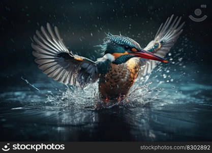 Common Kingfisher flying away after diving for fish. Generative AI