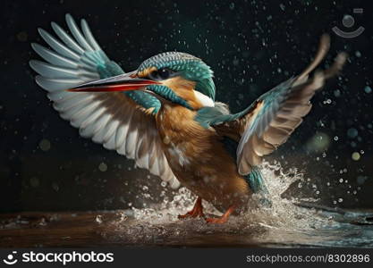 Common Kingfisher flying away after diving for fish. Generative AI