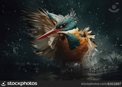 Common Kingfisher flying away after diving for fish. Generative AI