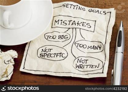 common mistakes in setting goals (too many, too big, not specific, not written) - a sketch drawing on a cocktail napkin with a coffee cup