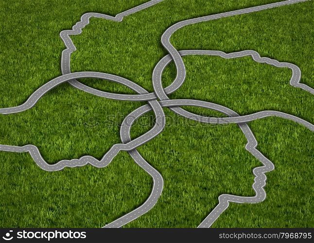 Common strategy business concept with a group of roads and highways in the shape of a human head comming together and merging into a connected network of success on a grass background.