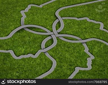 Common strategy business concept with a group of roads and highways in the shape of a human head comming together and merging into a connected network of success on a grass background.