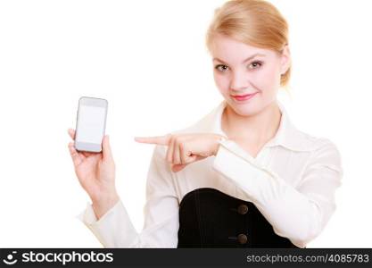 Communication and advertisement. Young businesswoman showing cell phone. Happy woman pointing at smartphone isolated on white.