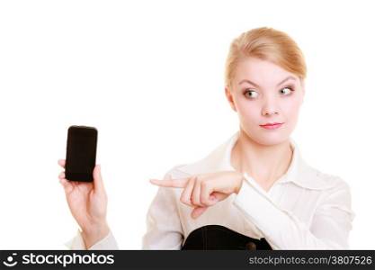 Communication and advertisement. Young businesswoman showing cell phone. Woman pointing at smartphone isolated on white.