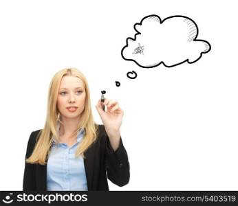 communication and business concept - businesswoman drawing blank text bubble