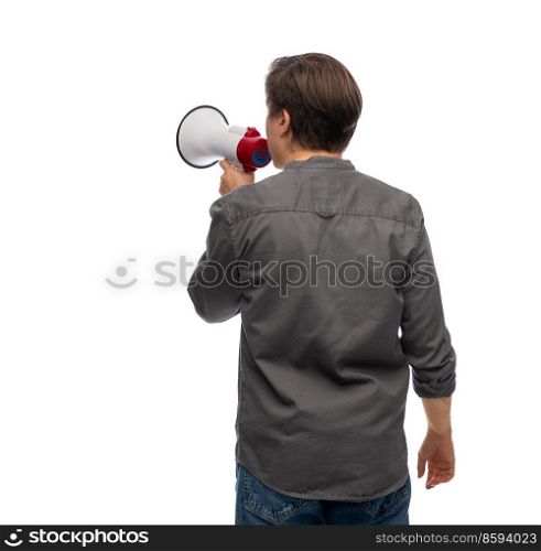 communication and people concept - young man with megaphone. man with megaphone