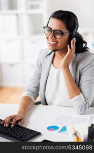 communication, business, people and technology concept - smiling businesswoman or helpline operator with headset talking and typing on keyboard at office. businesswoman with headset and keyboard at office