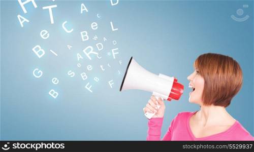 communication concept - woman with megaphone over blue background