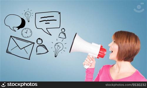 communication concept - woman with megaphone over blue background
