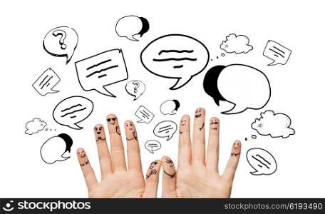 communication, family, wedding, people and body parts concept - close up of two hands showing fingers with smiley faces over text bubble doodles