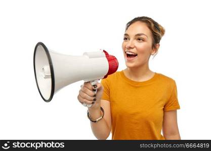 communication, feminism and people concept - smiling young woman or teenage girl with megaphone. young woman or teenage girl with megaphone